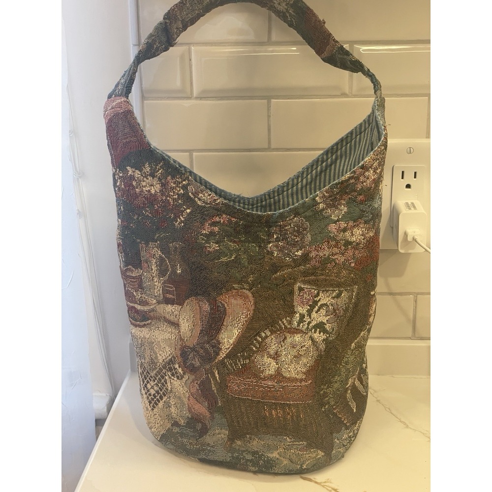 Vintage Jeanne‎ d'Art Tapestry Bucket Circle Bag Purse Cottage Cat Garden Granny